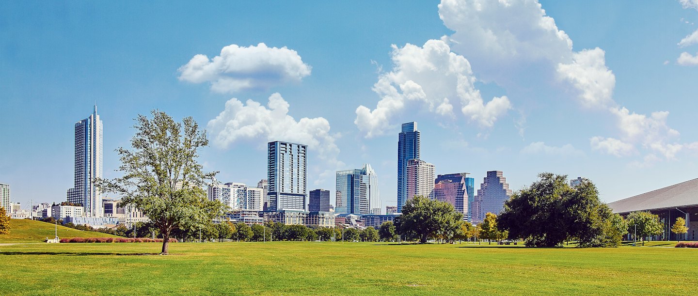 Skyscrapers rise above a lush green city park on a sunny day.